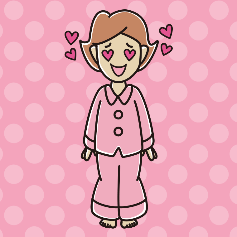 目がハートのパジャマの女性のイラスト【色、背景あり】PNG