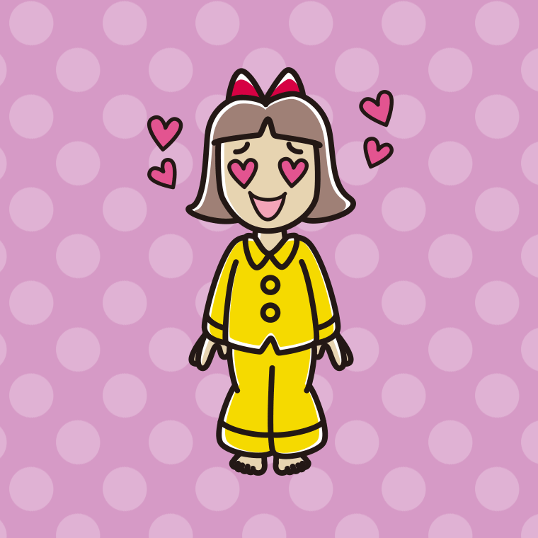目がハートのパジャマの小学生女子のイラスト【色、背景あり】PNG