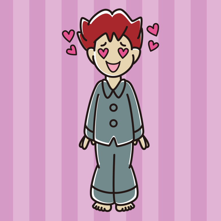 目がハートのパジャマの男子大学生のイラスト【色、背景あり】PNG