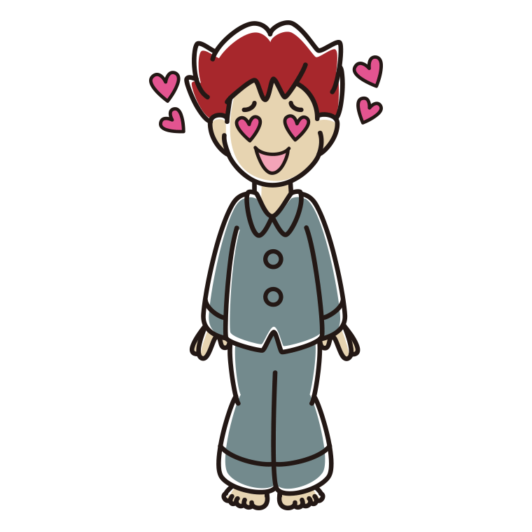 目がハートのパジャマの男子大学生のイラスト【色あり、背景なし】透過PNG