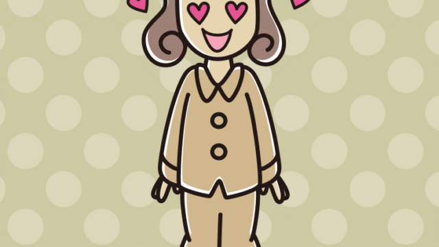 目がハートのパジャマの女子大学生のイラスト【色、背景あり】PNG