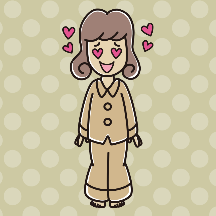 目がハートのパジャマの女子大学生のイラスト【色、背景あり】PNG