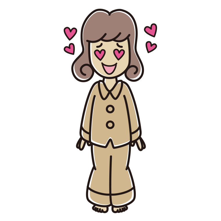 目がハートのパジャマの女子大学生のイラスト【色あり、背景なし】透過PNG