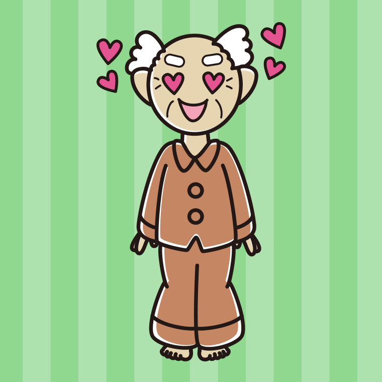 目がハートのパジャマのおじいさんのイラスト【色、背景あり】PNG