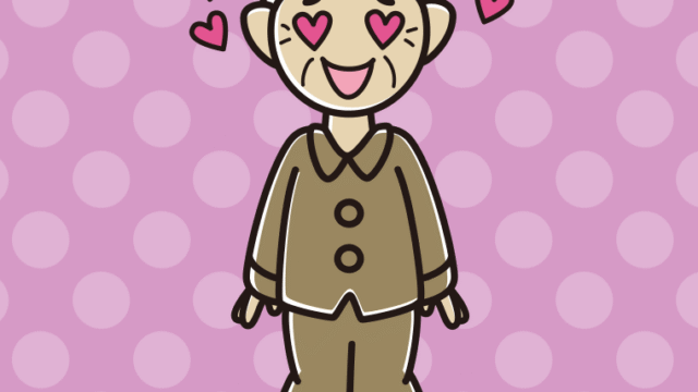 目がハートのパジャマのおばあさんのイラスト【色、背景あり】PNG