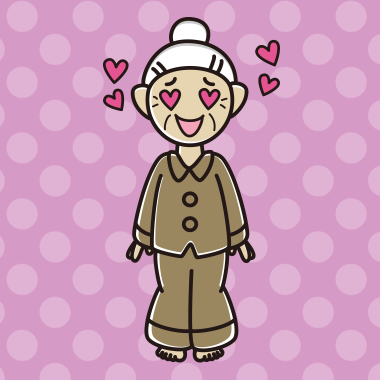 目がハートのパジャマのおばあさんのイラスト【色、背景あり】PNG