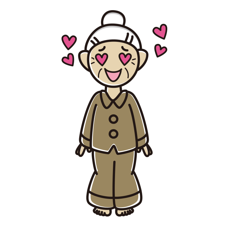 目がハートのパジャマのおばあさんのイラスト【色あり、背景なし】透過PNG