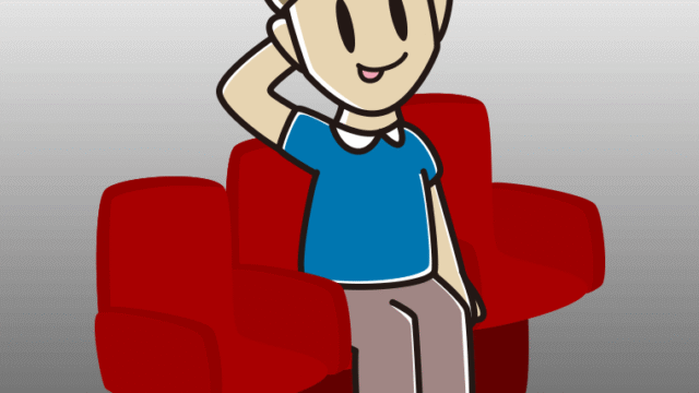 映画館（劇場）でテヘヘな男性のイラスト【色、背景あり】PNG