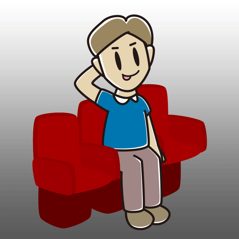 映画館（劇場）でテヘヘな男性のイラスト【色、背景あり】PNG
