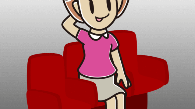 映画館（劇場）でテヘヘな女性のイラスト【色、背景あり】PNG