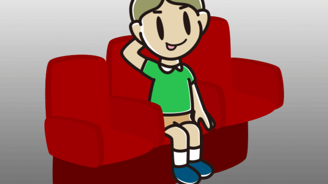 映画館（劇場）でテヘヘな小学生男子のイラスト【色、背景あり】PNG