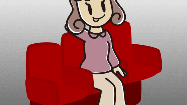 映画館（劇場）でテヘヘな女子大学生のイラスト【色、背景あり】PNG