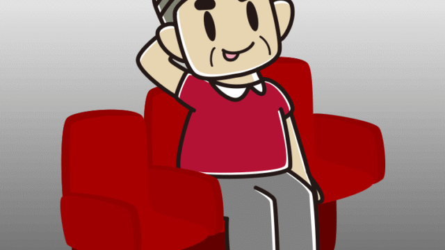 映画館（劇場）でテヘヘなおじさんのイラスト【色、背景あり】PNG