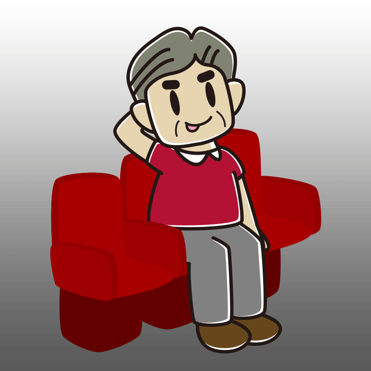 映画館（劇場）でテヘヘなおじさんのイラスト【色、背景あり】PNG