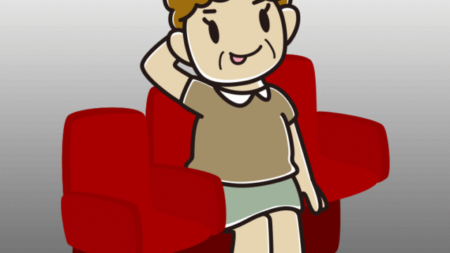 映画館（劇場）でテヘヘなおばさんのイラスト【色、背景あり】PNG