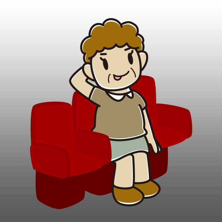 映画館（劇場）でテヘヘなおばさんのイラスト【色、背景あり】PNG
