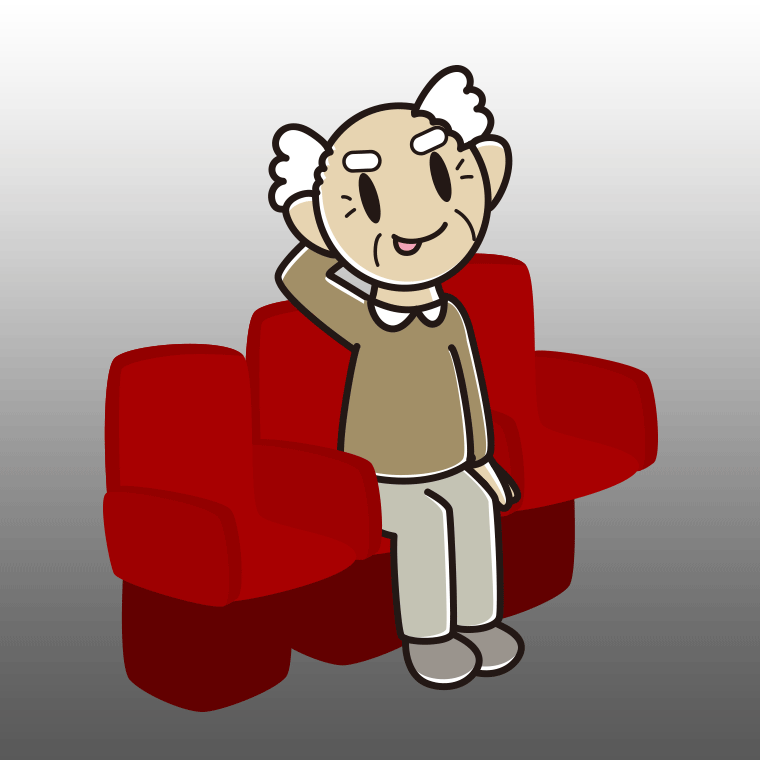 映画館（劇場）でテヘヘなおじいさんのイラスト【色、背景あり】PNG
