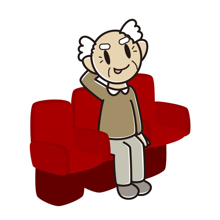 映画館（劇場）でテヘヘなおじいさんのイラスト【色あり、背景なし】透過PNG