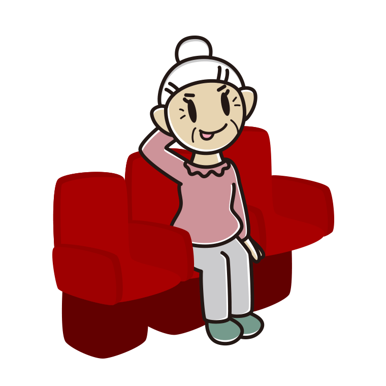映画館（劇場）でテヘヘなおばあさんのイラスト【色あり、背景なし】透過PNG