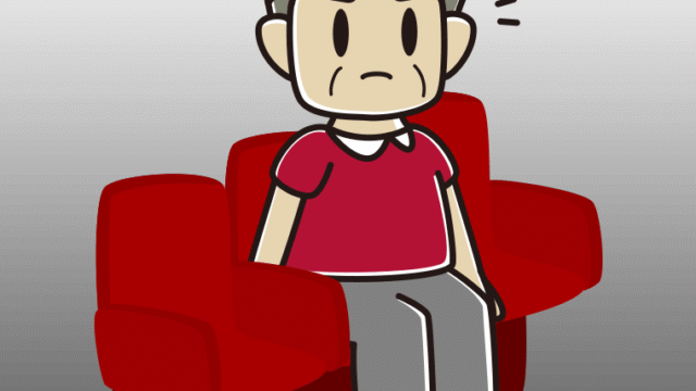 映画館（劇場）で何かに気付くおじさんのイラスト【色、背景あり】PNG