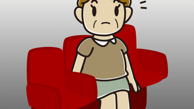 映画館（劇場）で何かに気付くおばさんのイラスト【色、背景あり】PNG