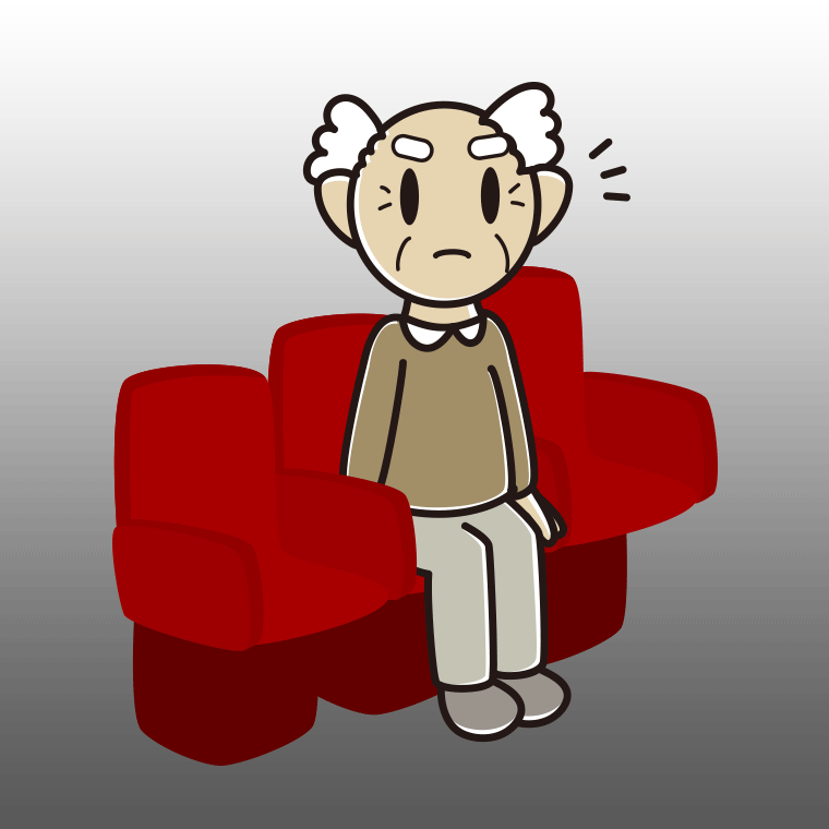 映画館（劇場）で何かに気付くおじいさんのイラスト【色、背景あり】PNG