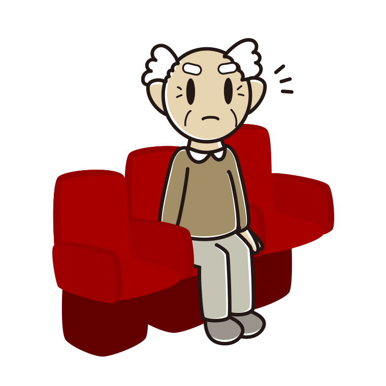 映画館（劇場）で何かに気付くおじいさんのイラスト【色あり、背景なし】透過PNG