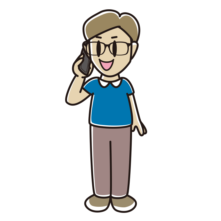 スマホで電話する眼鏡の男性のイラスト【色あり、背景なし】透過PNG