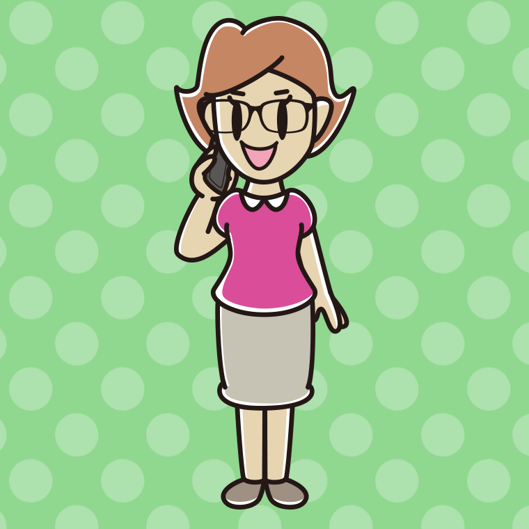 スマホで電話する眼鏡の女性のイラスト【色、背景あり】PNG