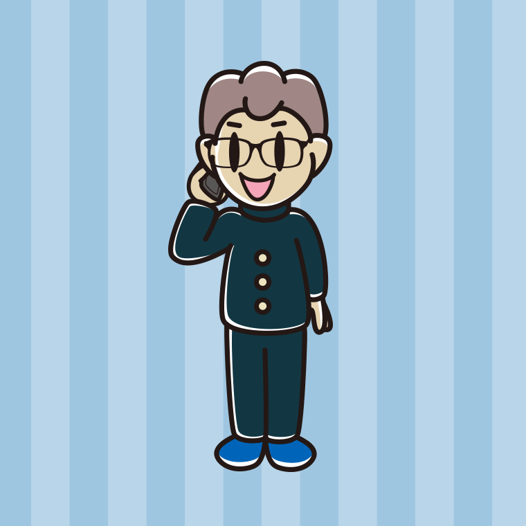 スマホで電話する眼鏡の男子中学生のイラスト【色、背景あり】PNG