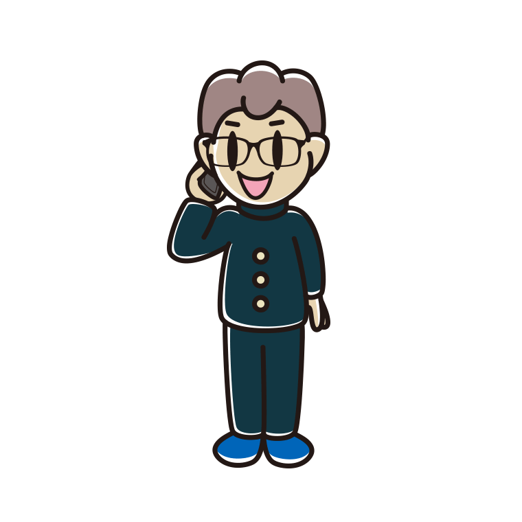スマホで電話する眼鏡の男子中学生のイラスト【色あり、背景なし】透過PNG