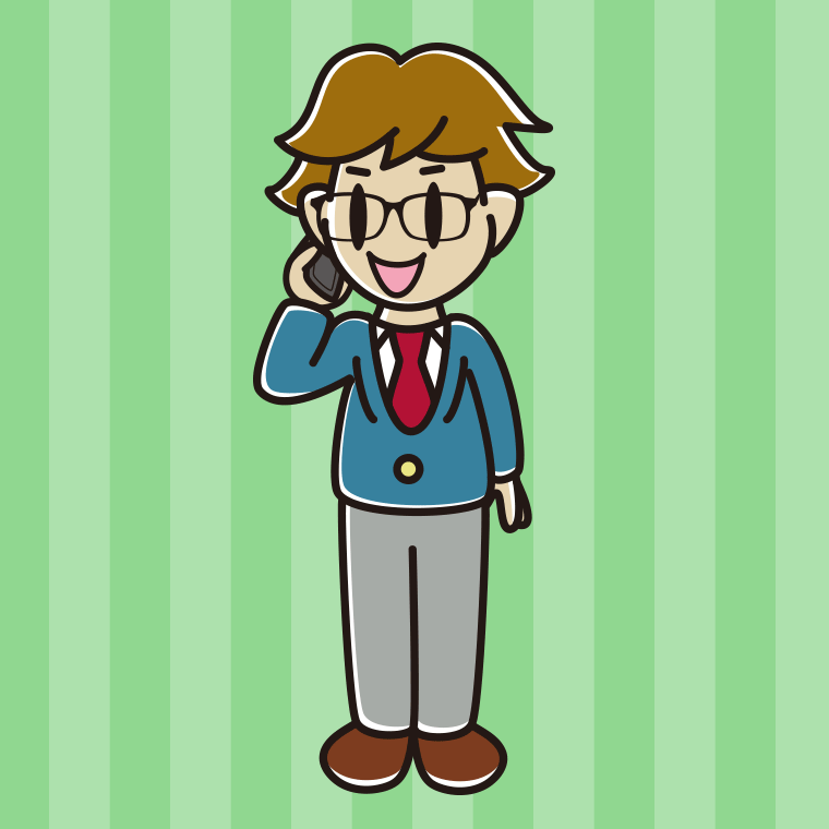 スマホで電話する眼鏡の男子高校生のイラスト【色、背景あり】PNG