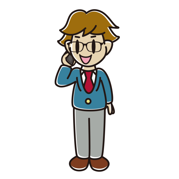 スマホで電話する眼鏡の男子高校生のイラスト【色あり、背景なし】透過PNG