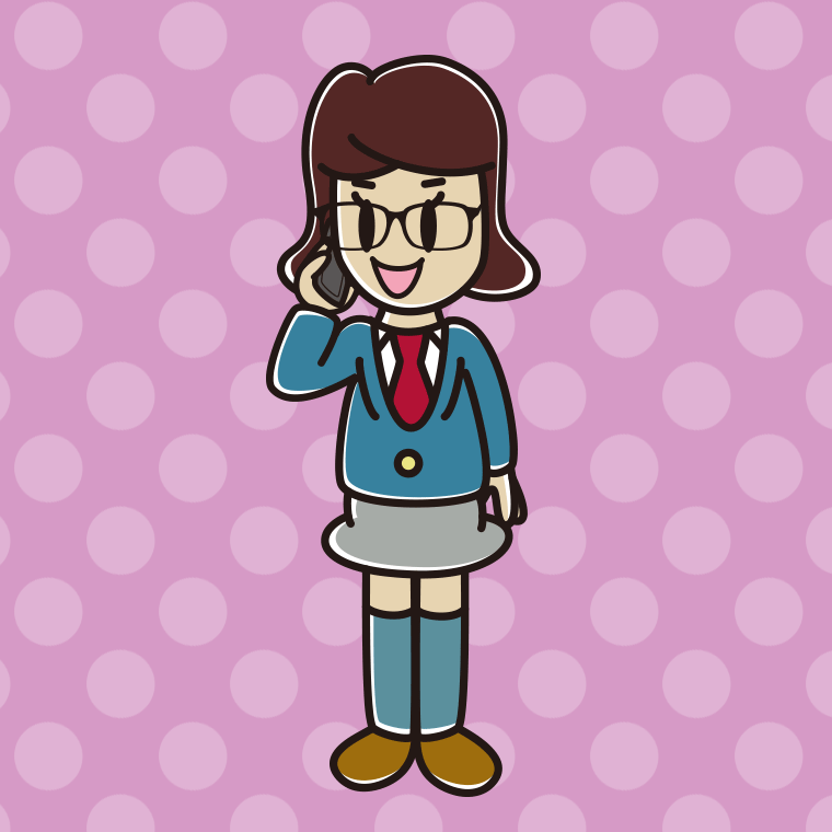 スマホで電話する眼鏡の女子高校生のイラスト【色、背景あり】PNG