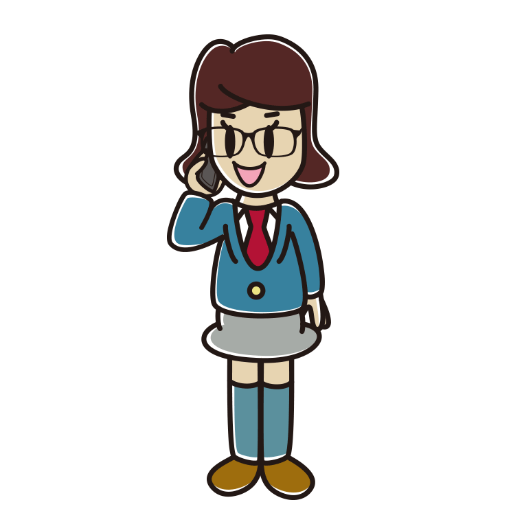 スマホで電話する眼鏡の女子高校生のイラスト【色あり、背景なし】透過PNG