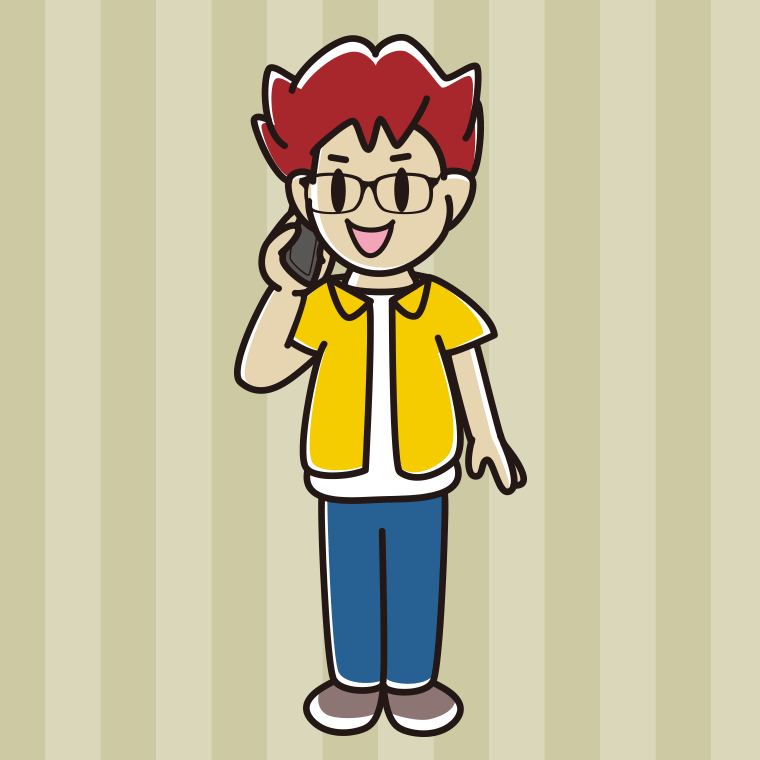 スマホで電話する眼鏡の男子大学生のイラスト【色、背景あり】PNG