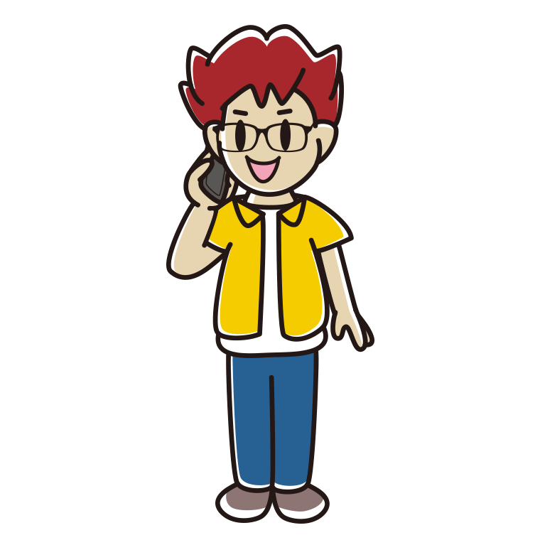 スマホで電話する眼鏡の男子大学生のイラスト【色あり、背景なし】透過PNG