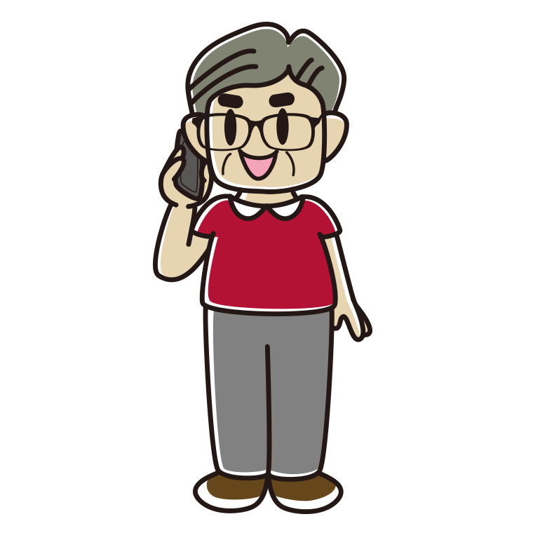 スマホで電話する眼鏡のおじさんのイラスト【色あり、背景なし】透過PNG