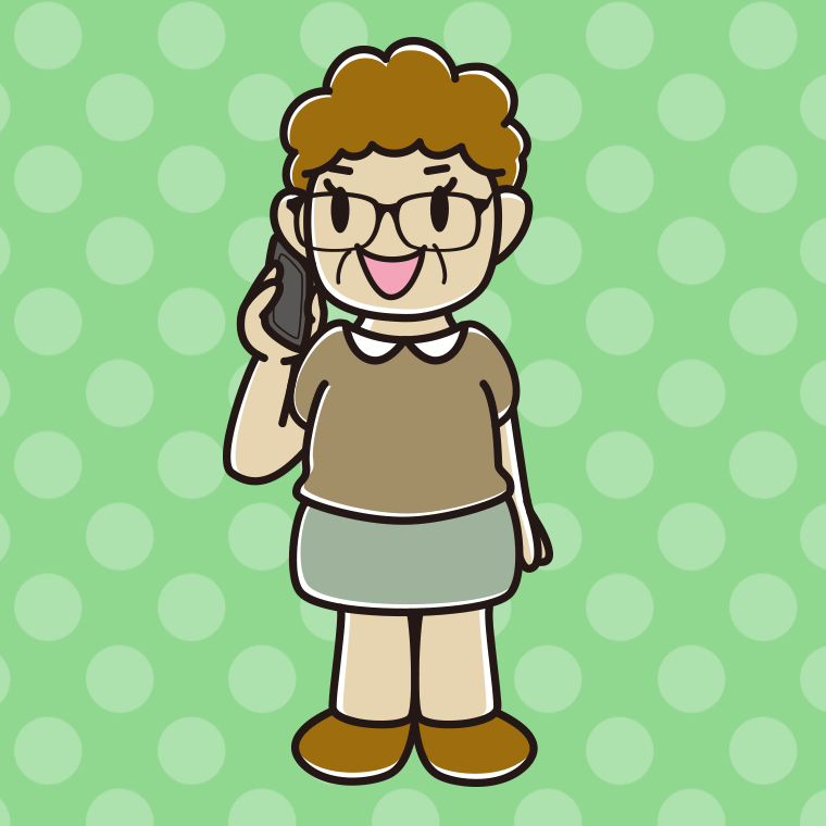スマホで電話する眼鏡のおばさんのイラスト【色、背景あり】PNG