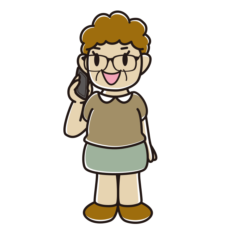 スマホで電話する眼鏡のおばさんのイラスト【色あり、背景なし】透過PNG