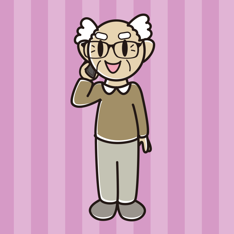 スマホで電話する眼鏡のおじいさんのイラスト【色、背景あり】PNG