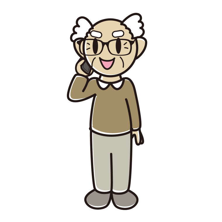 スマホで電話する眼鏡のおじいさんのイラスト【色あり、背景なし】透過PNG