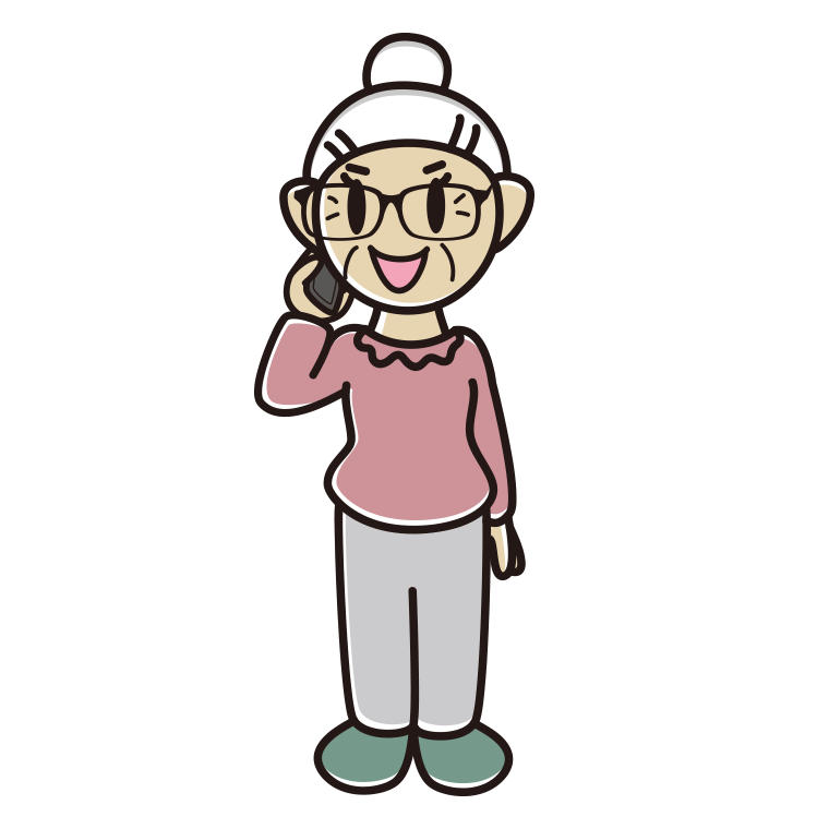 スマホで電話する眼鏡のおばあさんのイラスト【色あり、背景なし】透過PNG