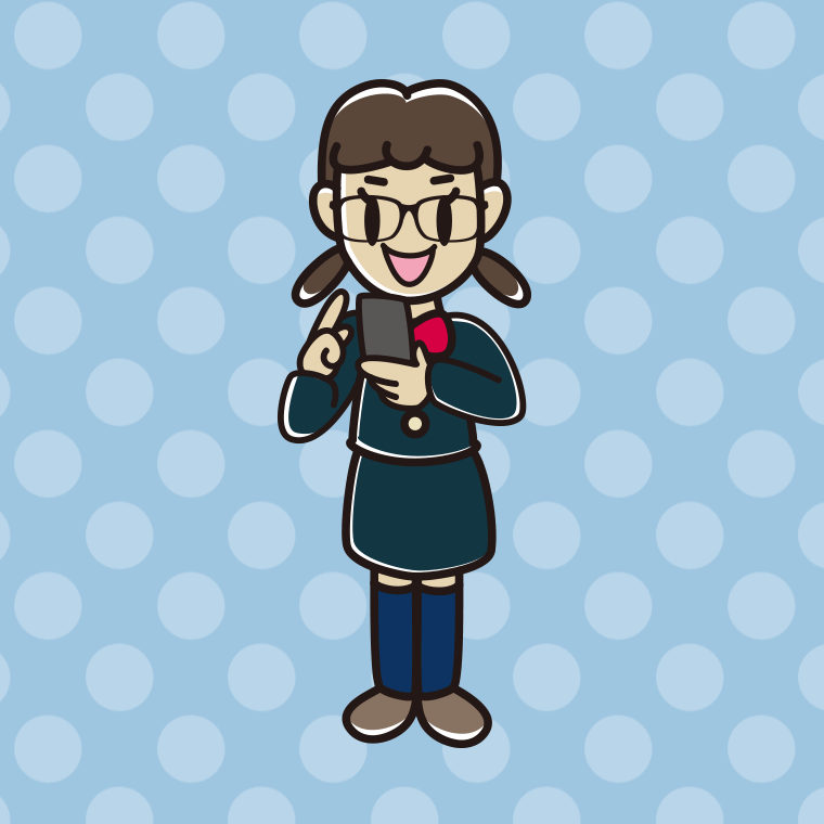 スマホを使う眼鏡の女子中学生のイラスト【色、背景あり】PNG