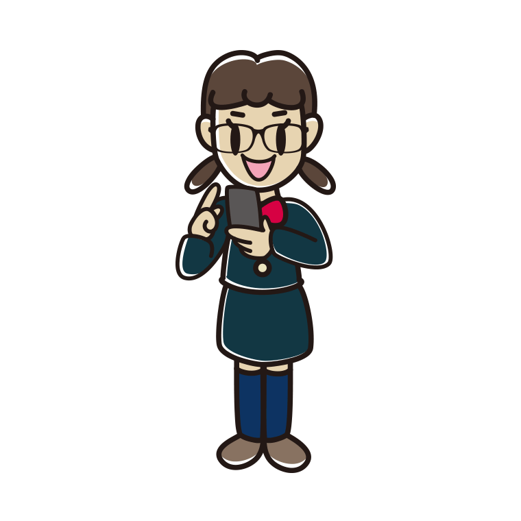 スマホを使う眼鏡の女子中学生のイラスト【色あり、背景なし】透過PNG