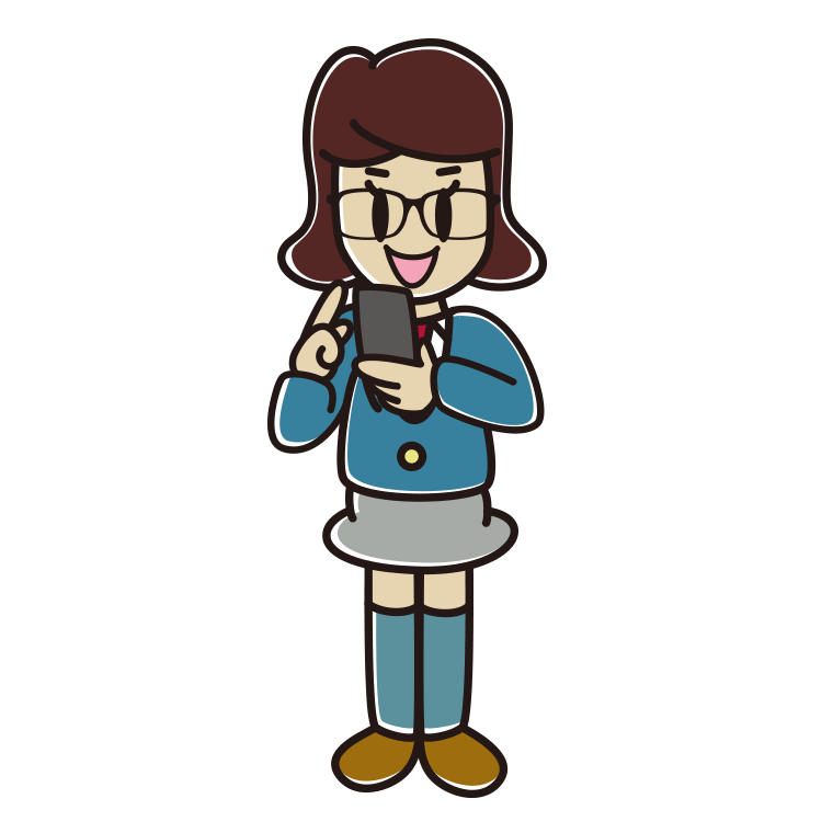 スマホを使う眼鏡の女子高校生のイラスト【色あり、背景なし】透過PNG