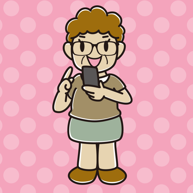 スマホを使う眼鏡のおばさんのイラスト【色、背景あり】PNG