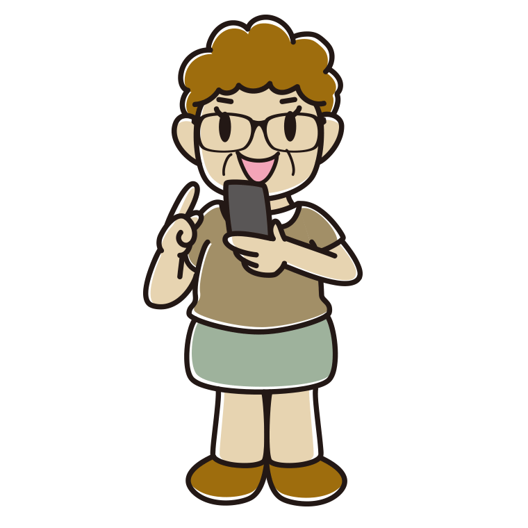 スマホを使う眼鏡のおばさんのイラスト【色あり、背景なし】透過PNG