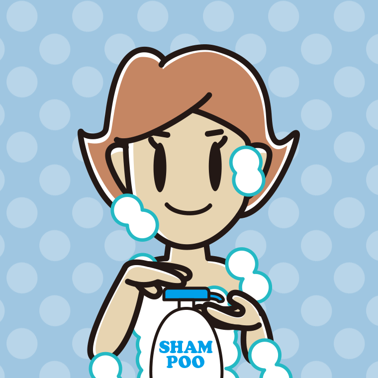 シャンプーを使う女性のイラスト【色、背景あり】PNG