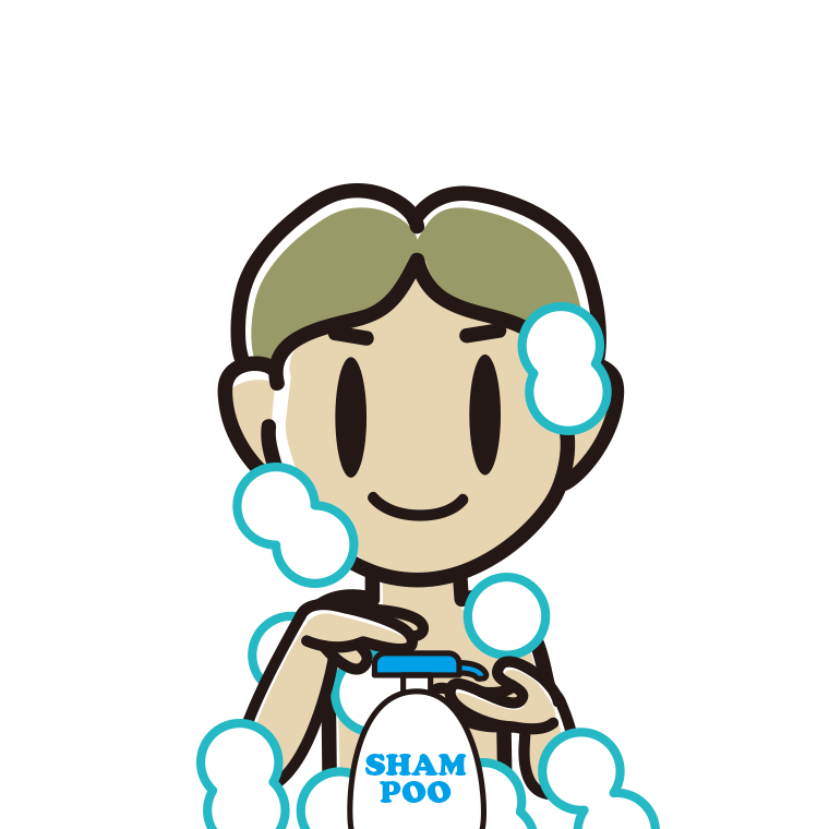 シャンプーを使う小学生男子のイラスト【色あり、背景なし】透過PNG